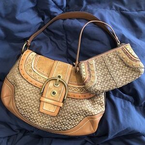 COACH Signature C Jacquard Embroidered Studded Wristlet Hobo Shoulder Bag SET
